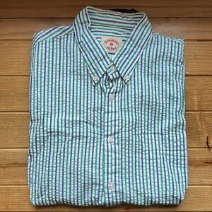 🍀 LIKE NEW Brooks Brothers Blue/Green Seersucker Button Down size Large